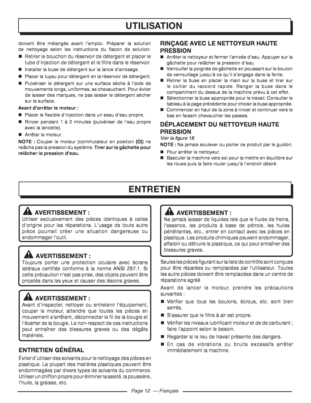 Homelite UT80546 Entretien, Rinçage Avec Le Nettoyeur Haute Pression, Déplacement Du Nettoyeur Haute Pression, Utilisation 